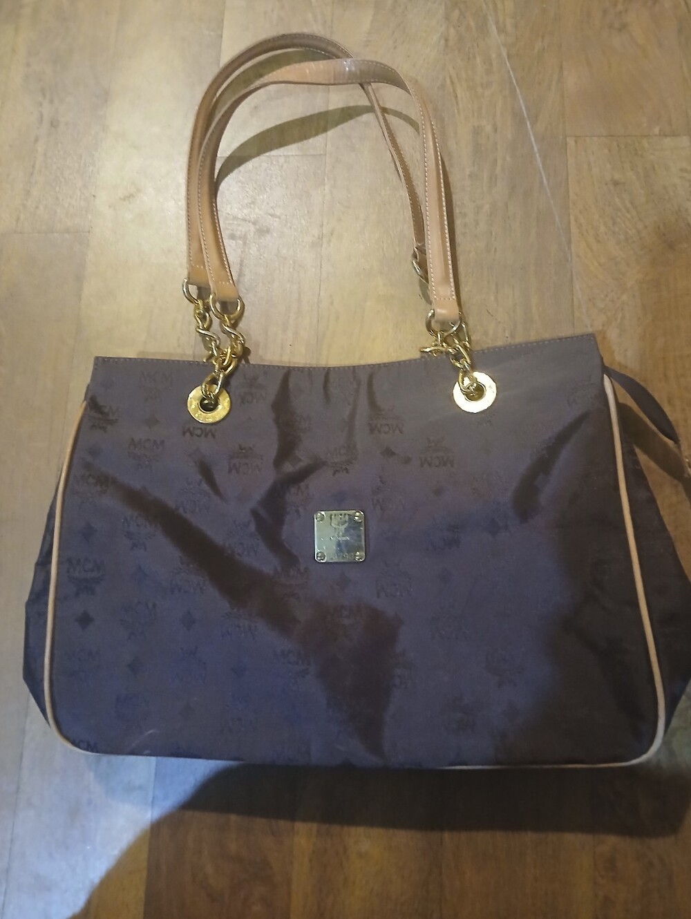 vintage MCM brown & tan nylon & leather shoulder bag